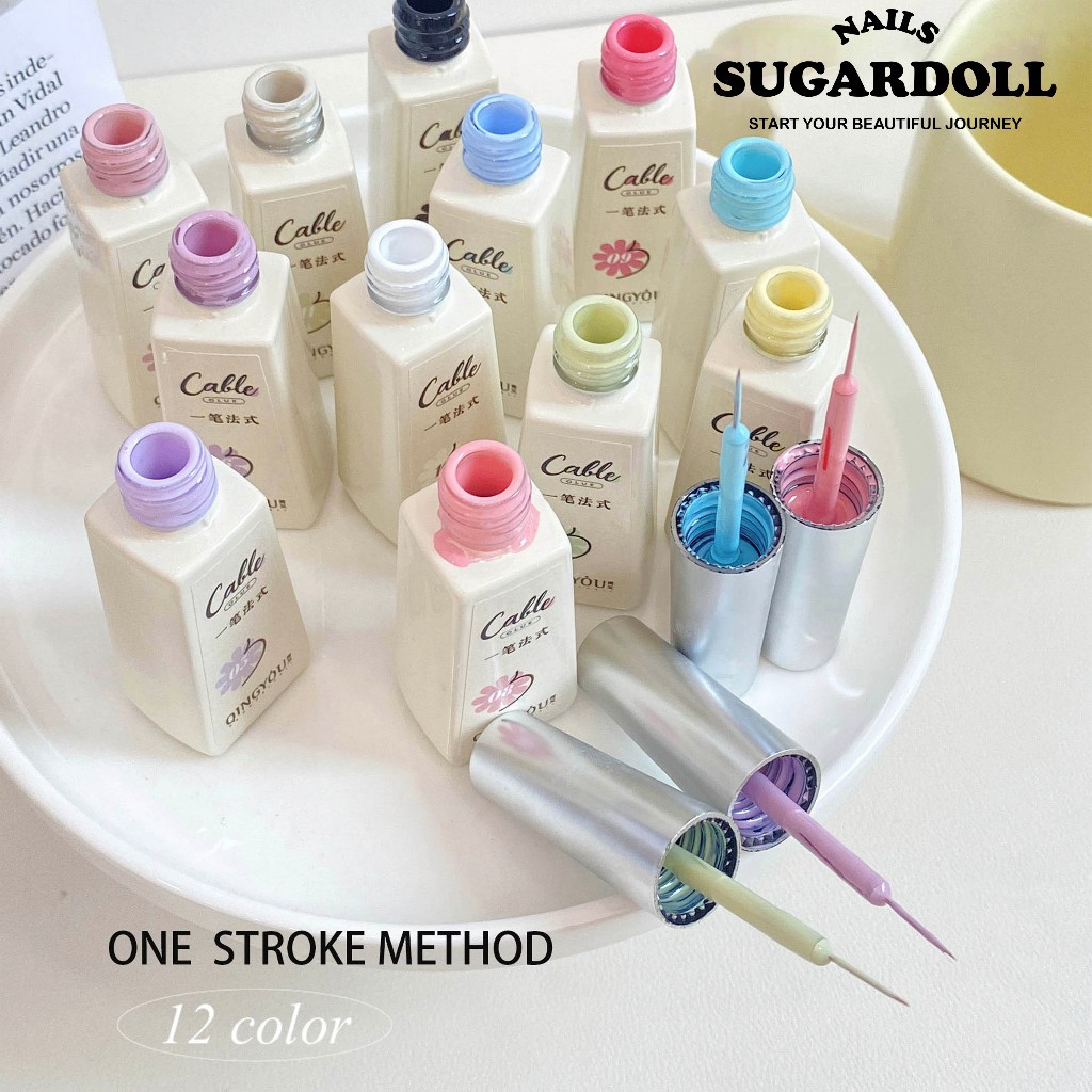 พร้อมส่งในBangkok สีสุดน่ารักทั้งเพ้นท์เล็บและวาดลายฝรั่งเศส 1 ชุด 12สี QINGYOU เจลลายเส้นมาคารอง ใช