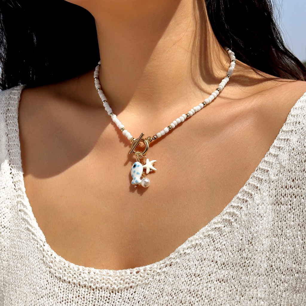 สร้อยคอกลีบเซรามิกและหินลูกปัดแบบเรียบง่าย สำหรับผู้หญิง เป็นของขวัญวันหยุดที่สวยงาม