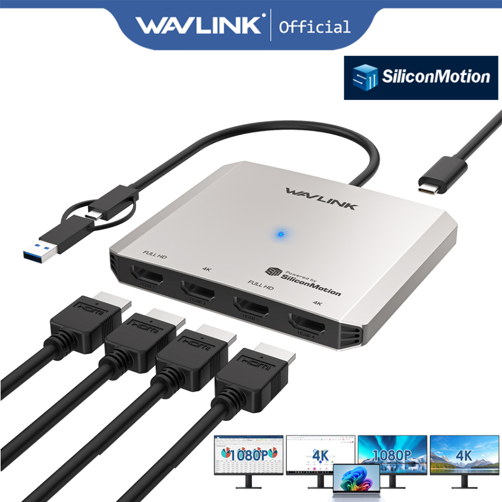 Wavlink Siliconmotion Quad Display Universal Hub USB เป็น HDMI 1080P 4K WL-UG7607H