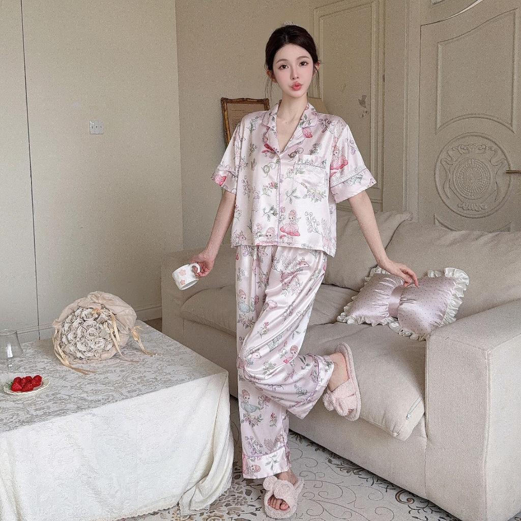 ชุดนอนสุภาพสตรี High-End ผ้าไหมลูกไม้ พิมพ์แขนสั้น สไตล์หรูLoungewear