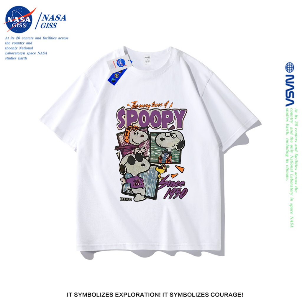 NASA เสื้อยืดชายหญิงแขนสั้น สตรีทฮิปฮอป summer Snoopy พิมพ์ลาย คอตตอน คอกลม หลวมและระบายอากาศ