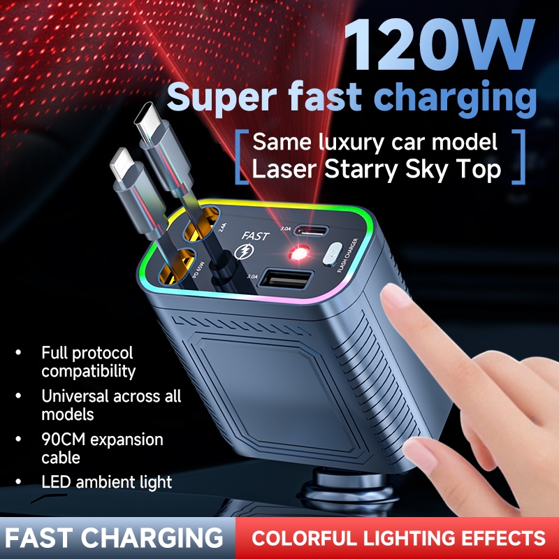 100w 4 in 1 Retractable Car Charger โทรศัพท์มือถือ Super Fast charge สาย USB Type C สําหรับ IOS Andr