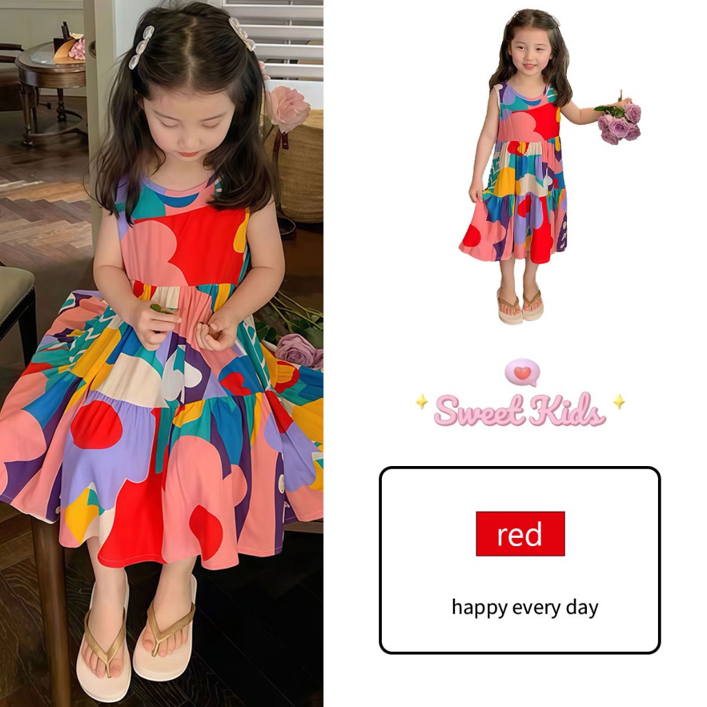 SweetKids พร้อมส่งจากกทม🌸ชุดเดรสสาว🍓ชุดเดรสแขนกุด ชุดสาวสไตล์เกาหลี นุ่มและระบายอากาศ สีสดใส ฤดูร้อนใหม่