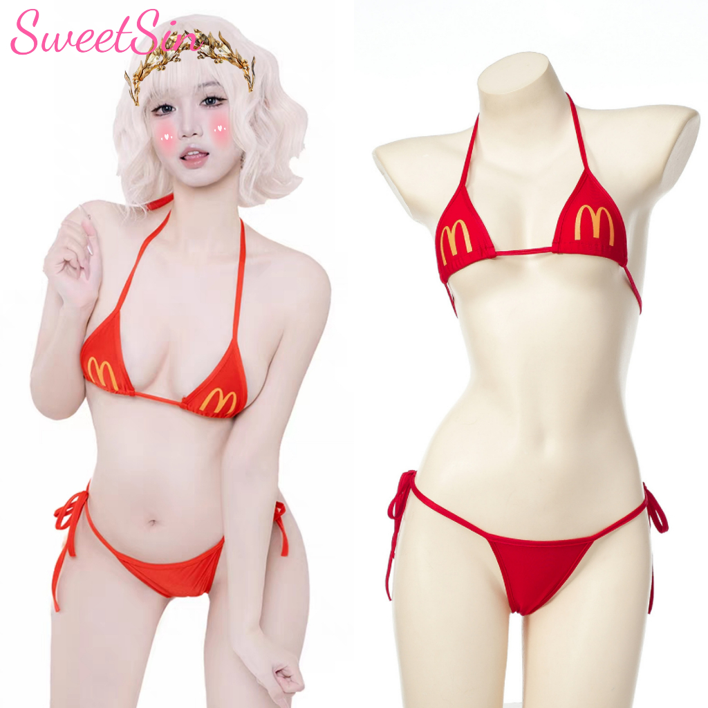 ❤McDonalds เซ็กซี่สามจุด Laced-Up Halterneck สุภาพสตรีบิกินี่ Creative พิมพ์ชุดชั้นในเซ็กซี่สาวร้อนชุดนอน