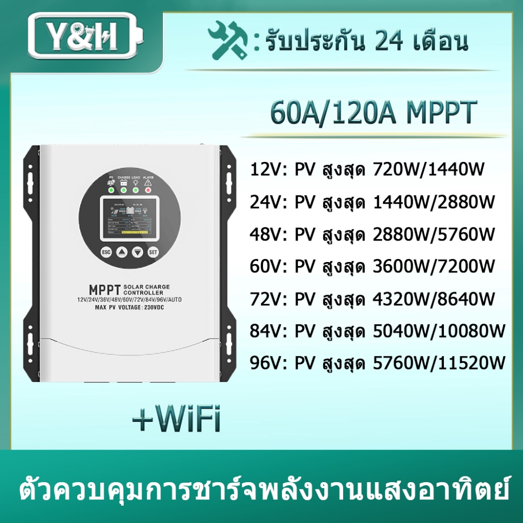 Y&H 60A/120A MPPT ตัวควบคุมการชาร์จพลังงานแสงอาทิตย์ 12V/24V/36V/48V/60V/72V/84V/96V อัตโนมัติ อินพุ