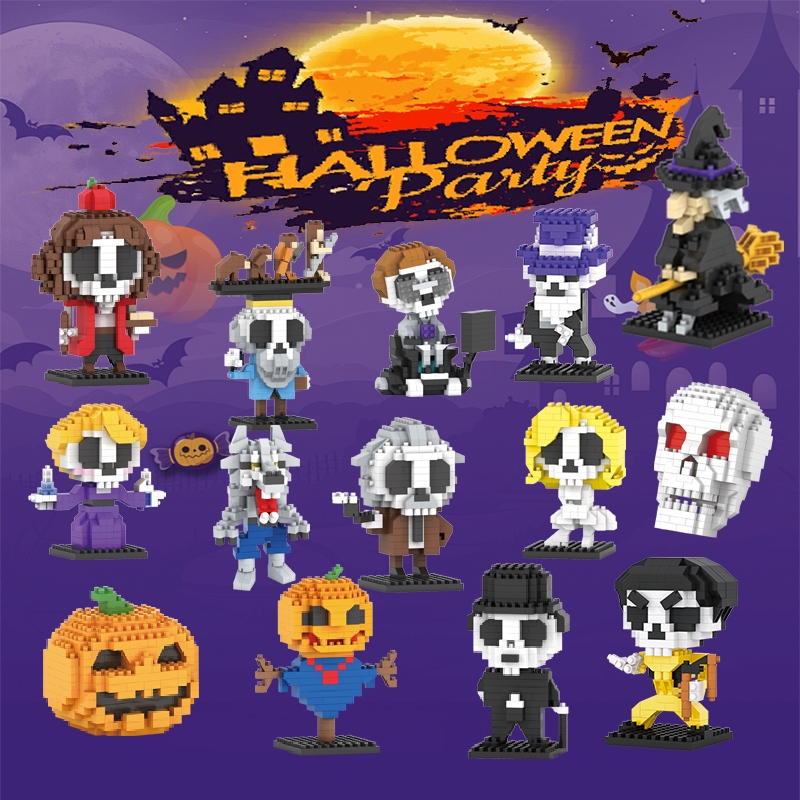ฮาโลวีนสนุกการ์ตูนโครงกระดูกตัวละครรุ่นอนุภาคอาคารบล็อกเครื่องประดับการศึกษา ทําเอง ของเล่น