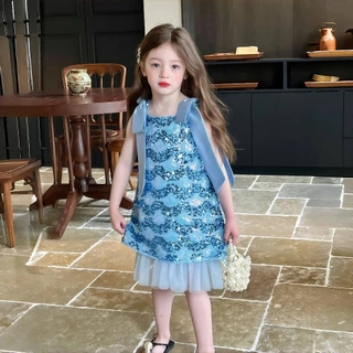 Princess kesli ชุดเด็กผู้หญิง แขนกุด เดรสเด็ก ประดับโบว์ ชุดเดรสเจ้าหญิง ชุดเดรสวันเกิดเด็กหญิง วันแม่ 1-12ปี