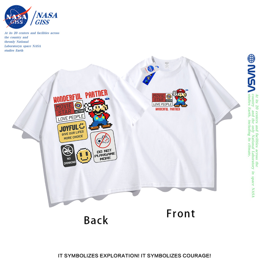 NASA เสื้อยืดชายหญิงแขนสั้น สตรีทฮิปฮอป summer Super Mario พิมพ์ลาย คอตตอน คอกลม หลวมและระบายอากาศ