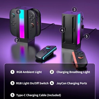 JSAUX RGB Joy-Con แท่นชาร์จสําหรับสวิตช์ 2 แท่นชาร์จเข้ากันได้กับคอนโทรลเลอร์ Nintendo Switch 2 JoyCon 4-in-1 สถานีชาร์จแม่เหล็ก-GP0501