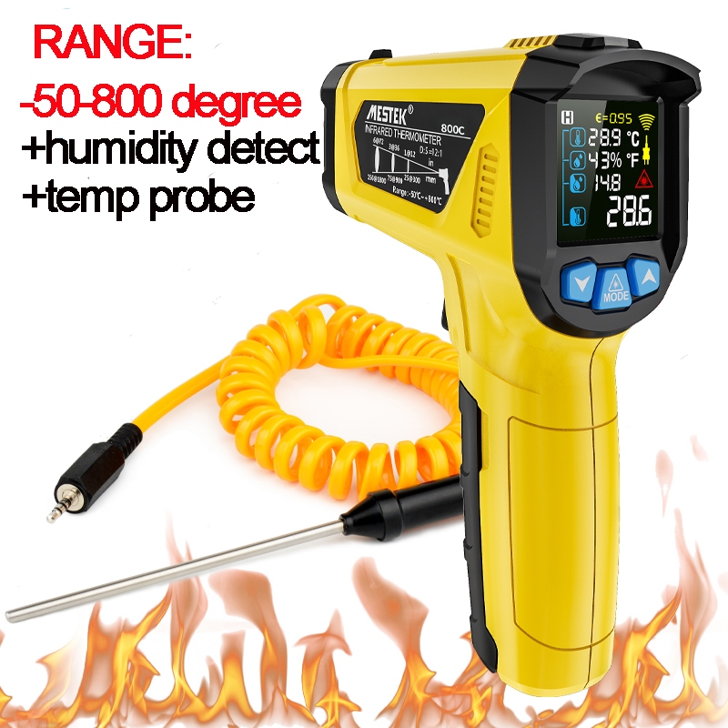 ปืนวัดอุณหภูมิอินฟราเรด -50-800°C หน้าจอสี ความละเอียดสูง ปรับส่งไม่สัมผัส สําหรับครัวบาร์บีคิว อบอาหาร บันทึกข้อ °C/°F การแปลงหน่วย