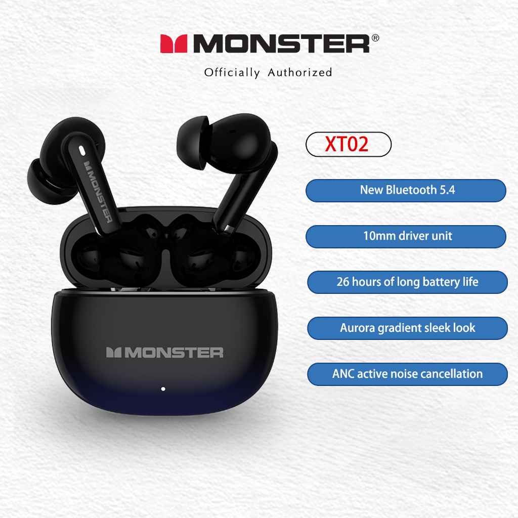 (MONSTER) หูฟังไร้สาย XT02: การยกเลิกเสียงรบกวนแบบแอคทีฟ, เสียง Hi-Fi สําหรับเพลง/เกม/กีฬา, เวลาเล่นแบบขยาย