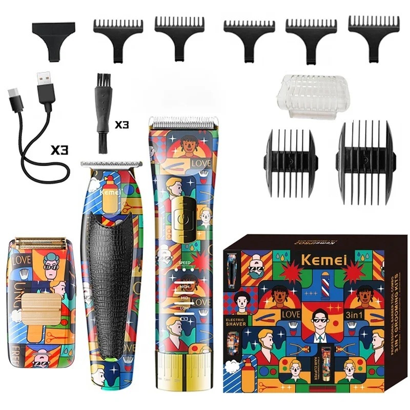 Kemei Professional Hair Clipper Combo USB ชาร์จผม Trimmer เครื่องโกนหนวดฟอยล์ไร้สายไฟฟ้าตัดผมชุดมีดโกน