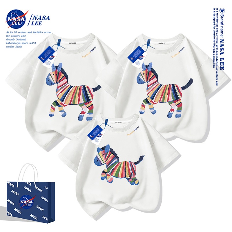 【สินค้ามีในสต็อก】เสื้อยืดครอบครัว NASA สีขาว ผ้าฝ้าย 100% ลายม้ามินิเรนโบว์ (My Little Pony)