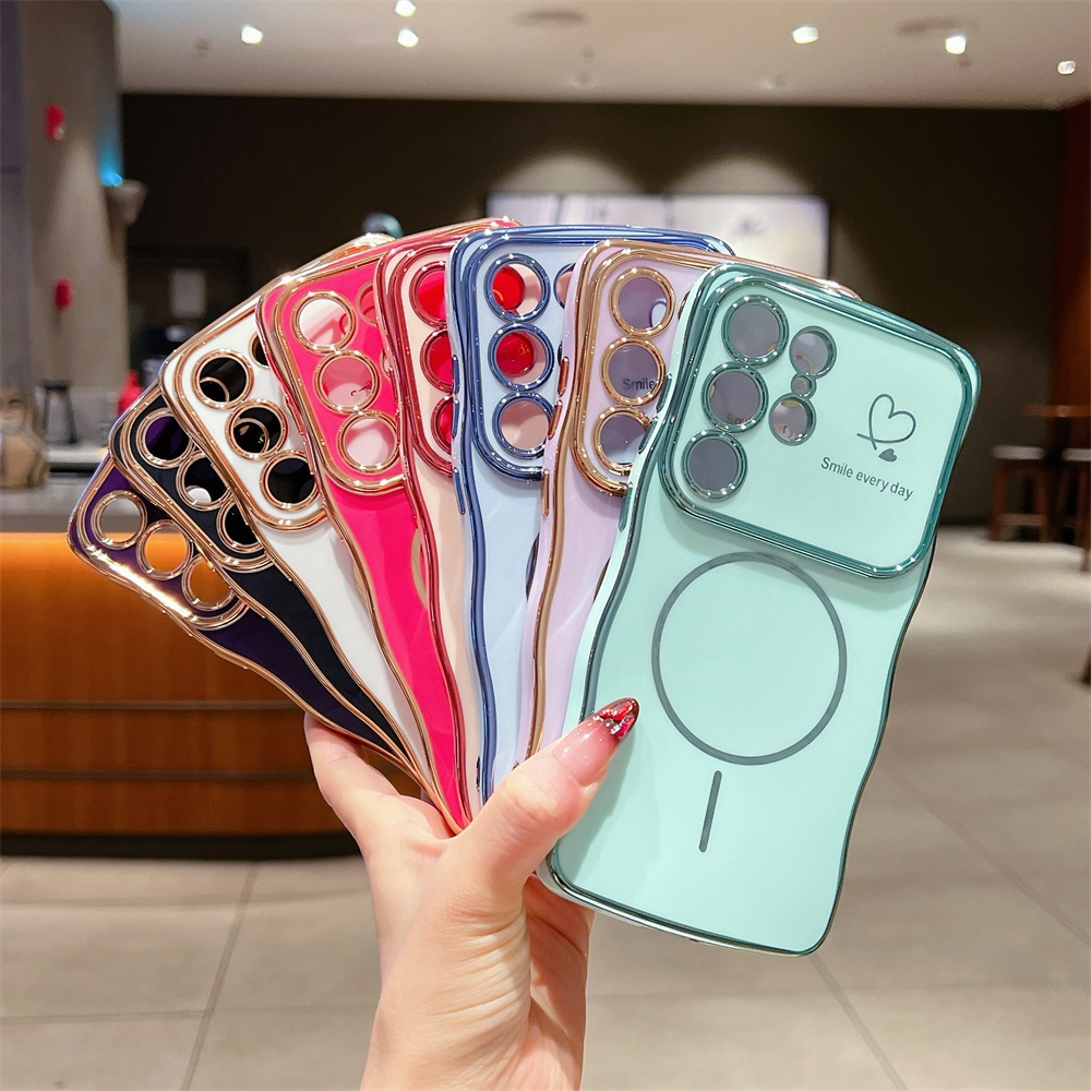 SAMSUNG Magnetic Plating Waveเคสโทรศัพท์สําหรับSamsung Galaxy S26 Ultra S25 S24 S23 Ultra S25 Edge S25 FE S24 FE S23 S26 Plus Love Heartกันกระแทกปกอ่อน