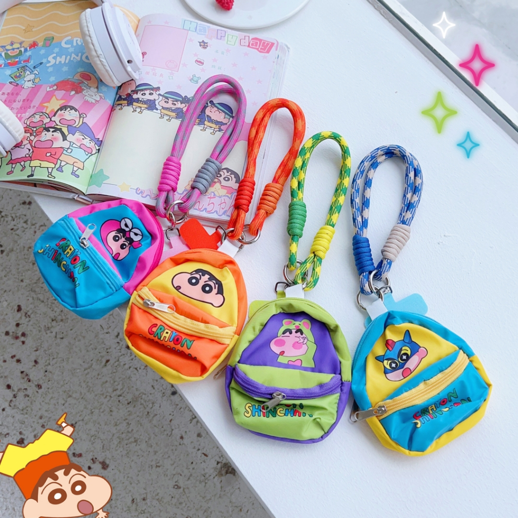 Kawaii Crayon Shin-chan กระเป๋าเหรียญอะนิเมะเด็กกระเป๋าสตางค์สาวการ์ตูน Anti-lost แบบพกพาโทรศัพท์มือถือ Lanyard สายคล้องหูฟัง key กระเป๋าของขวัญ