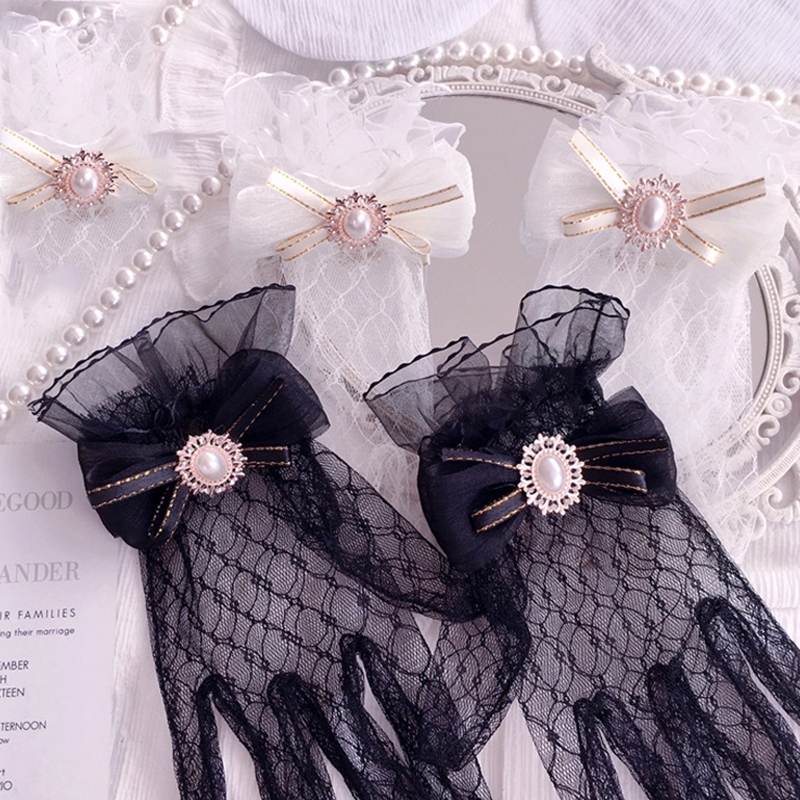 ถุงมือลูกไม้สีดำและสีขาว พร้อมโบว์ดอกไม้ สำหรับคอสเพลย์ Lolita เครื่องประดับผู้หญิง
