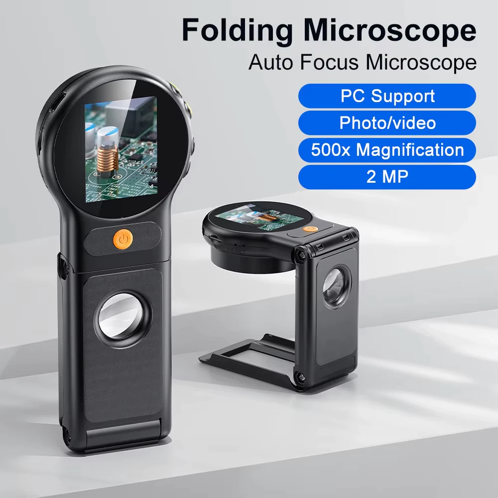 ออโต้โฟกัส 500X กล้องจุลทรรศน์ดิจิตอล 8นํา 2MP เหรียญวิดีโอกล้องจุลทรรศน์พับแว่นขยาย 2 นิ้วสําหรับซ่อมอิเล็กทรอนิกส์