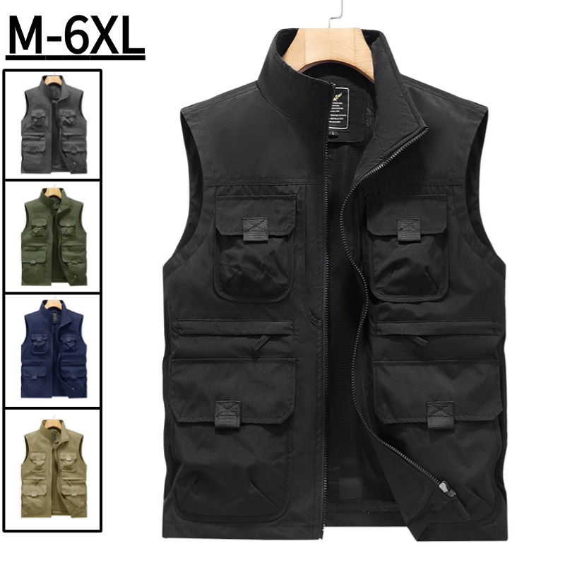 เครื่องมือหลายกระเป๋า Quick-Drying Mens Vest Casual Outdoor Fishing Photography Stand-Up Collar Large