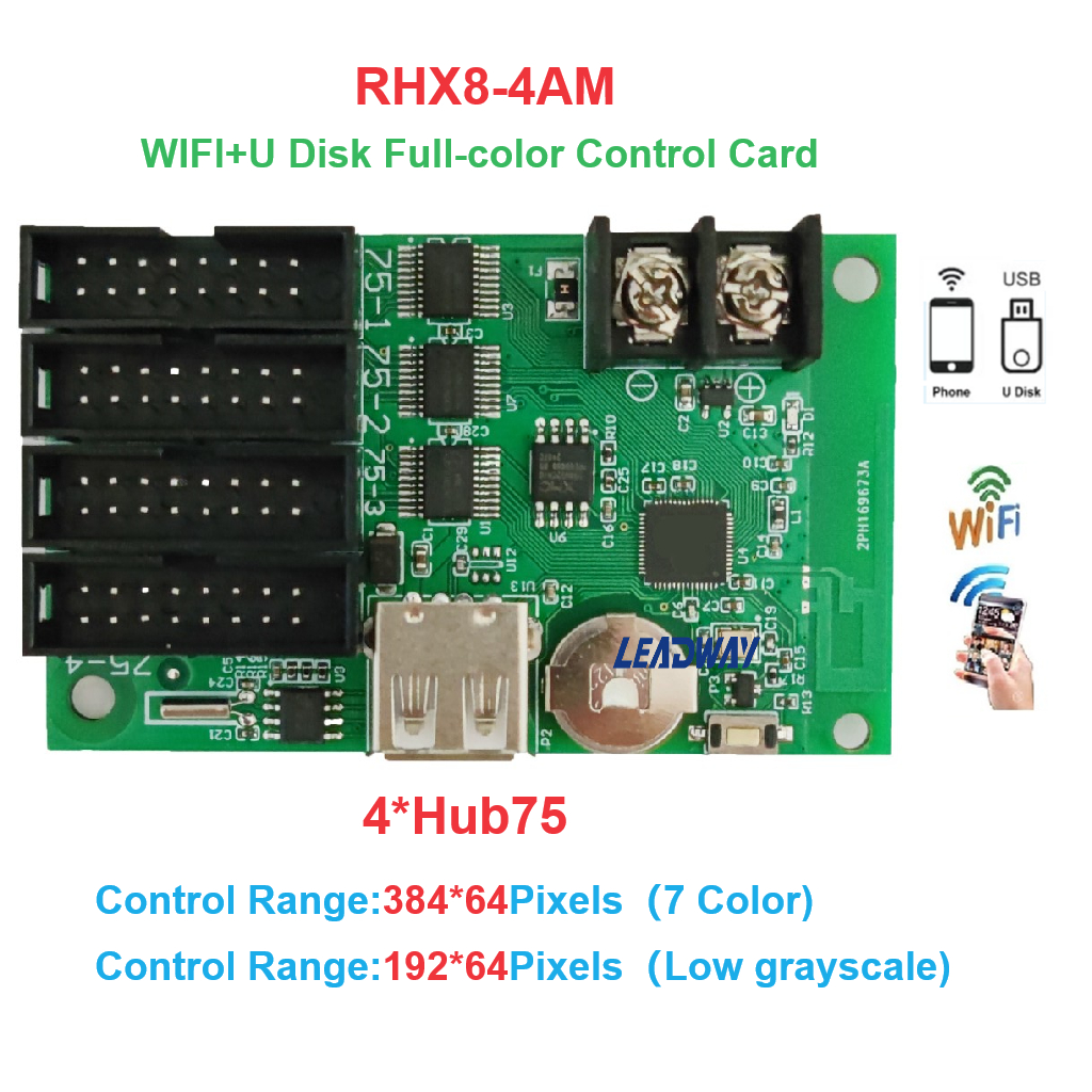 Ruihexin RHX8-Q4Am 4 พอร์ต WiFi + USB จอแสดงผล LED แบบข้อความ RGB เต็มรูปแบบสีเดียว/สองสี การ์ดควบคุ