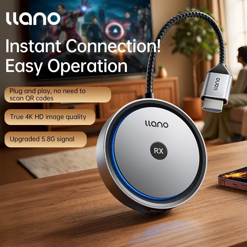 LLANO S450 กระจกหน้าจอไร้สาย 4K สําหรับโทรศัพท์, สัญญาณ 5.8G, Plug & Play, โหมดภาพ/ภูมิทัศน์, ช่วง 30 ม., ไม่มีแอพหรือความต้องการ WiFi, อะแดปเตอร์แสดงผลแบบพกพา