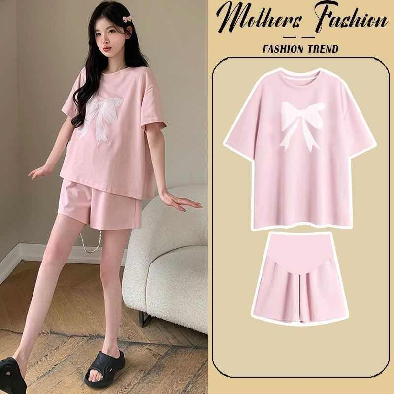 ชุดคลุมท้องแฟชั่นสำหรับแม่ตั้งครรภ์ กางเกงขาสั้นและชุดสูทสองชิ้น