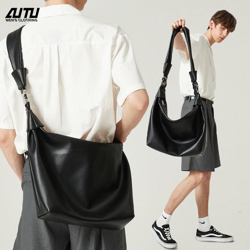 AUTU กระเป๋าผู้ชาย หนัง pu ความจุขนาดใหญ่ กระเป๋า crossbody สไตล์สตรีท ดีไซน์เรียบง่าย สีดำ วิธีใช้สองวิธี