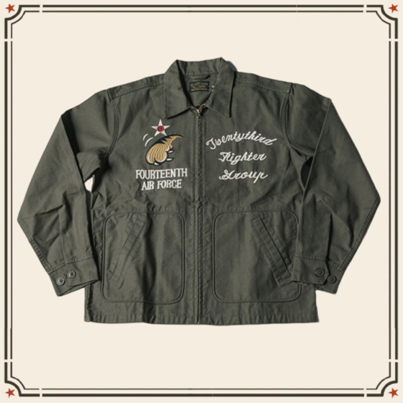 GRND Retro ปักเสื้อแจ็คเก็ตผู้ชายผ้าใบ Flying Tigers Jacket