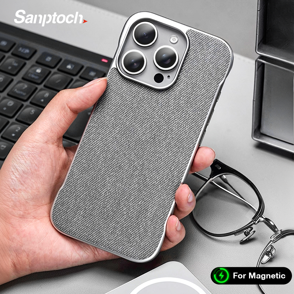 Sanptoch สําหรับแม่เหล็กทอผ้าผ้าเคสโทรศัพท์สําหรับ iPhone 16 / 15 / 14 PRO MAX Simple ไร้ขอบปกหลังสําหรับ iPhone 16 PRO MAX หรูหรา Slim Frameless ป้องกันปลอก