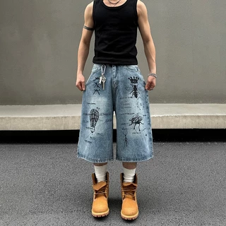 Echo Gents กางเกงขาสั้นยีนส์กราฟฟิตี้ขากว้าง สำหรับผู้ชาย สไตล์วินเทจและStreet