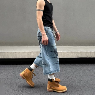 Echo Gents กางเกงขาสั้นยีนส์กราฟฟิตี้ขากว้าง สำหรับผู้ชาย สไตล์วินเทจและStreet