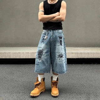 Echo Gents กางเกงขาสั้นยีนส์กราฟฟิตี้ขากว้าง สำหรับผู้ชาย สไตล์วินเทจและStreet