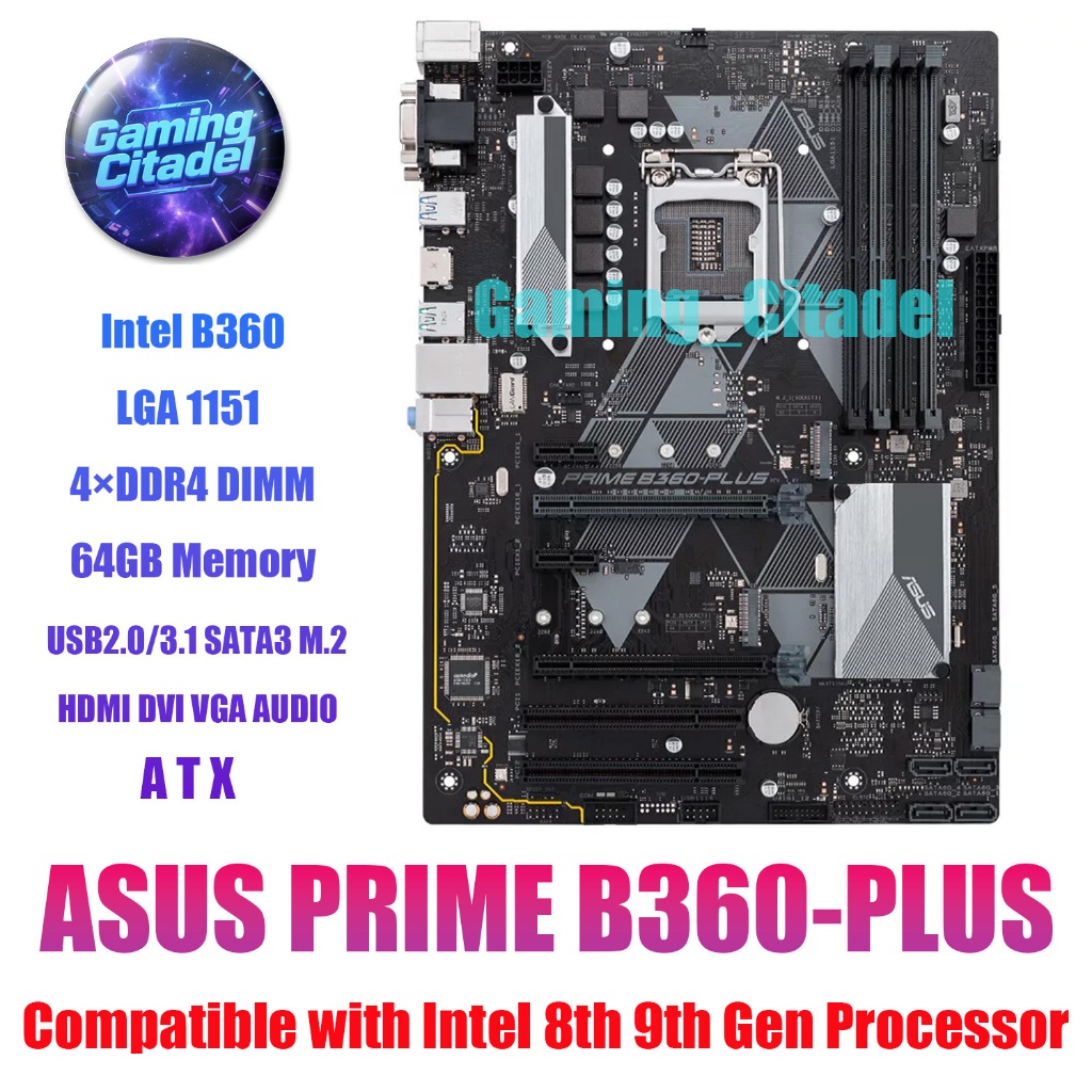 เมนบอร์ด Asus Prime B360-Plus DDR4 ATX มือสองรองรับโปรเซสเซอร์ Intel 8th 9th Gen ผ่านการทดสอบ