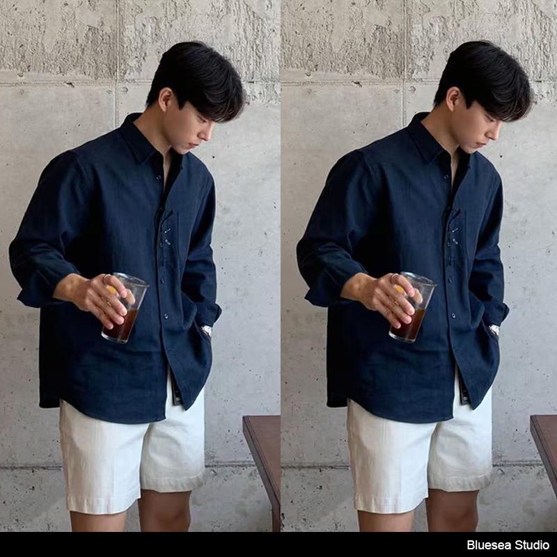 BS |shirt เสื้อเชิ้ตผ้าลินินแขนสั้นสีขาวแฟชั่นบางฤดูร้อนผู้ชายเสื้อยืดขนาดหลวมพลัสสําหรับผู้ชายและผู้หญิง เสื้อดำ