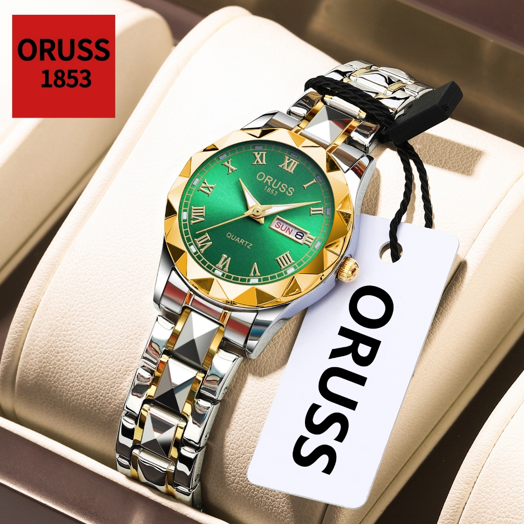 ORUSS Original Gold สแตนเลสหรูหรา Luminous Dual ปฏิทินนาฬิกากันน้ําแฟชั่นขนาดเล็กเกาหลีรุ่นนาฬิกาควอ