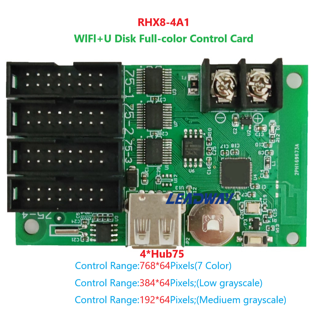 Ruihexin RHX8-Q4A1 4 พอร์ต WiFi + USB ไร้สายสี RGB สีวิ่งข้อความจอแสดงผล LED Digital Sign Board การ์