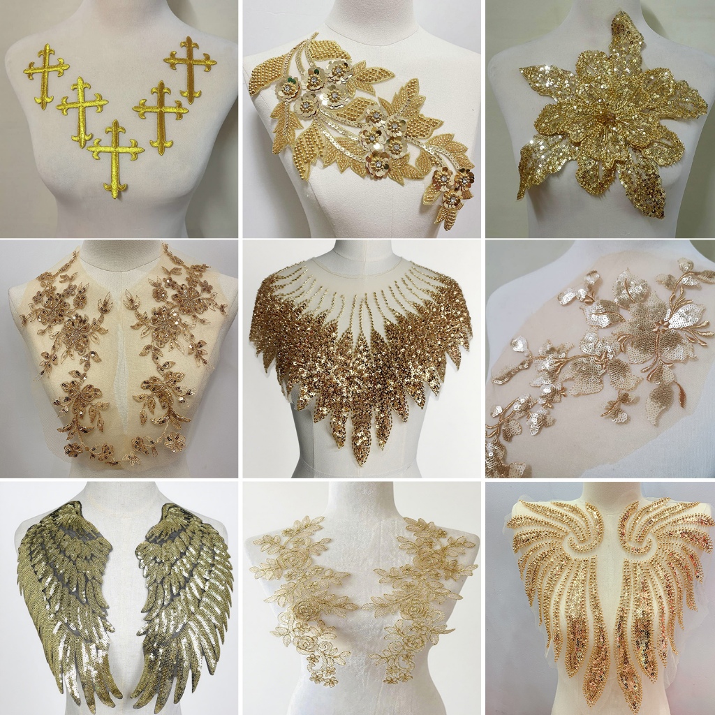แพทช์ผ้าประยุกต์แบบ Applique ลายดอกไม้ทอง สำหรับตกแต่งชุดราตรีหรูหรา