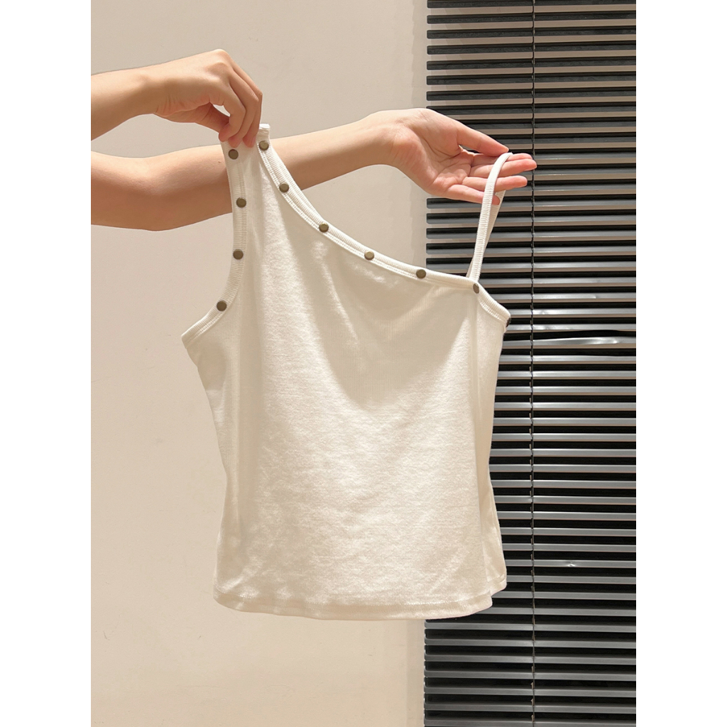 88161 เสื้อรีเวตสไตล์แอสimettrิคัล ดีไซน์ปิดไหล่ สลิมฟิต ไม่มีแขน