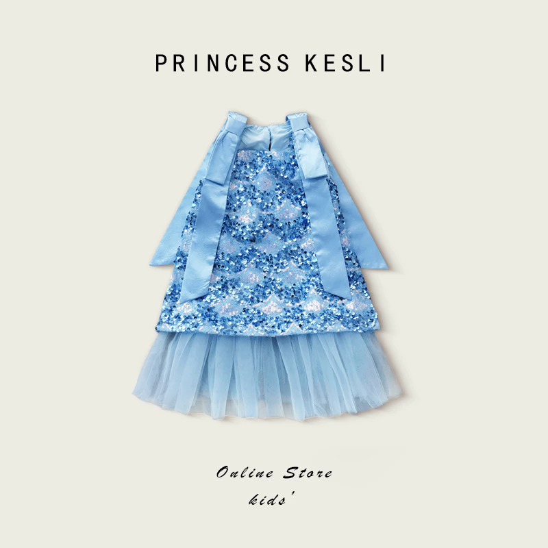 Princess kesli ชุดเด็กผู้หญิง แขนกุด เดรสเด็ก ประดับโบว์ ชุดเดรสเจ้าหญิง ชุดเดรสวันเกิดเด็กหญิง วันแม่ 1-12ปี
