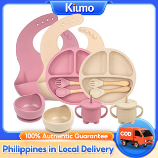 KIUMO Silicone Baby Feeding Set, Weaning Supplies for Infants, Toddler Plate and Bowl Set with Suction Cup, including Baby Plate, Bowl, Bib, Cup, Spoon and Fork New Year Gift
