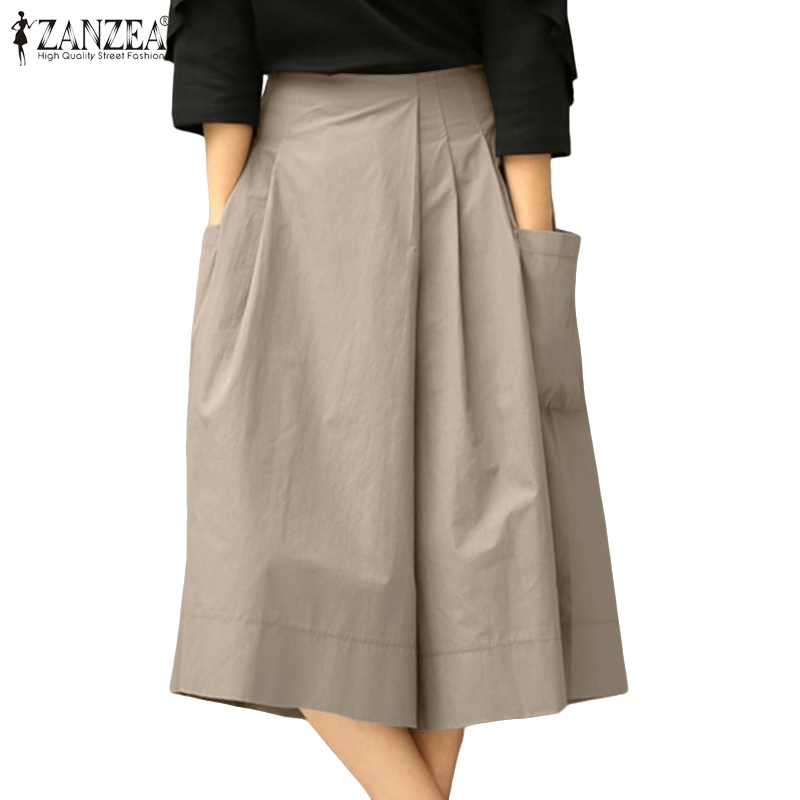 ZANZEA ใส่ ซานเซีย ผู้หญิงเกาหลีทุกวันสบายๆเอวสูงจีบกระเป๋าด้านข้างออกแบบกางเกงตัด