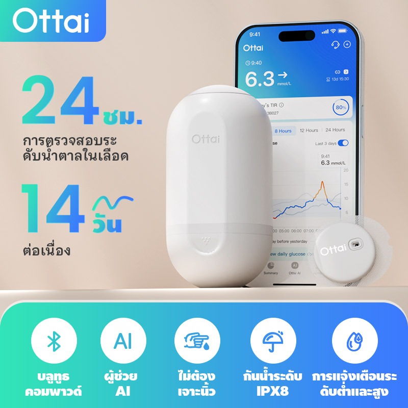 Ottai CGM 1 ทั้งชุด Home Care ระบบตรวจสอบแบบเรียลไทม์ต่อเนื่องสําหรับน้ําตาลในเลือด