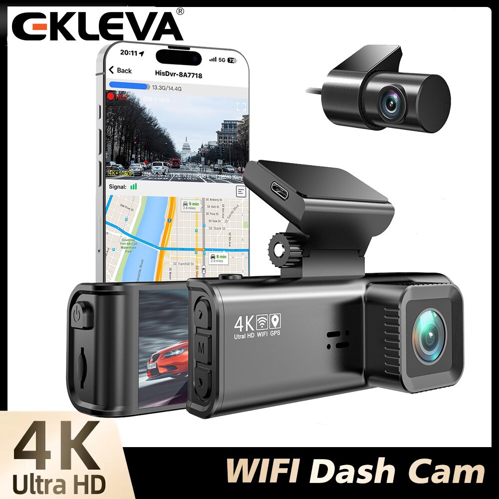 EKLEVA Dash กล้องด้านหน้าและด้านหลัง 4K Dash Cam Drive Recorder สําหรับ WiFi รถ Dvr สําหรับ 24H โหมด