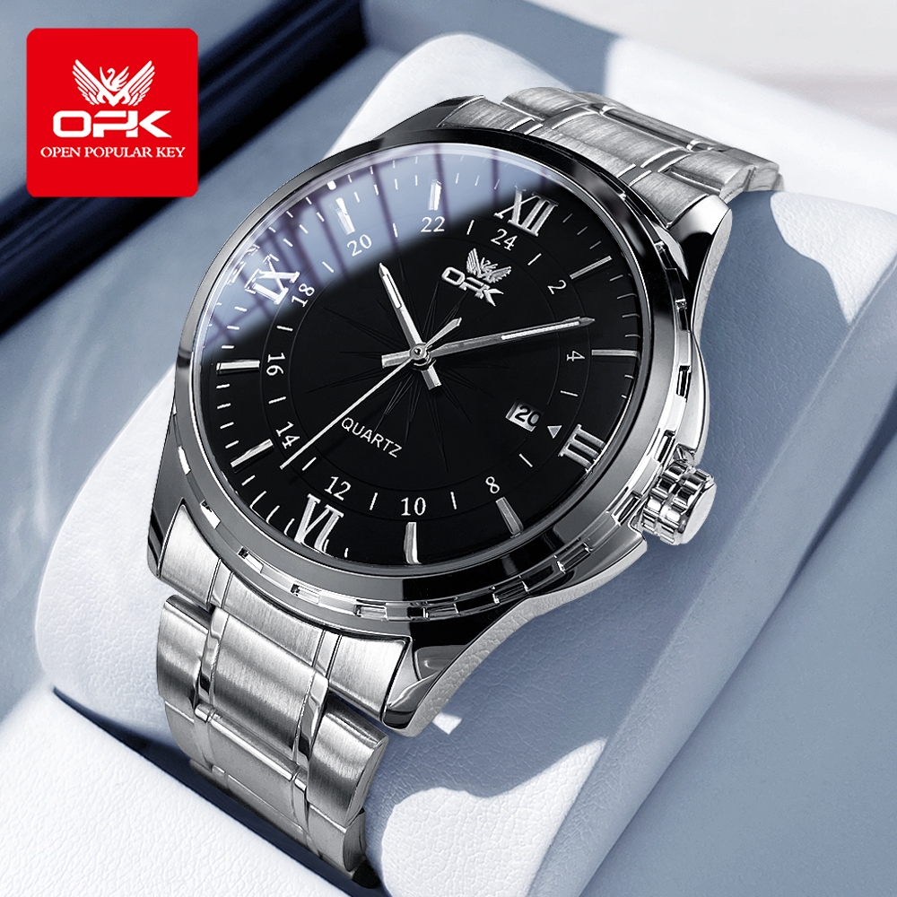 OPK นาฬิกาผู้ชาย กันน้ำ 100% เรืองแสง พร้อมปฏิทิน ตัวเลขโรมัน สายสแตนเลส เข้ากับทุกการแต่งกาย สไตล์ธุรกิจ แฟชั่นสําหรับผู้ชาย นาฬิกาข้อมือ รุ่น 6003