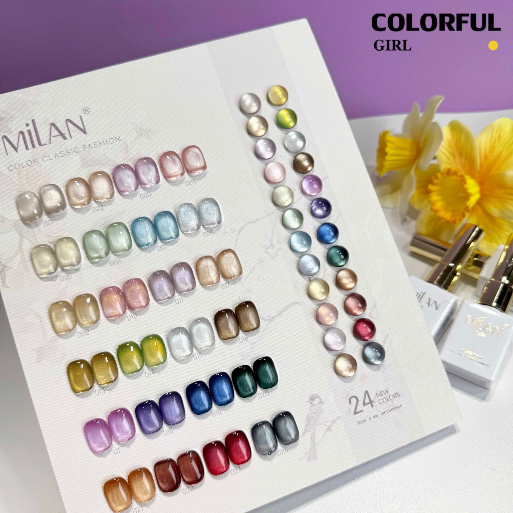 【พร้อมส่ง】MILAN 24สี    สีเจลแคทอายเนื้อซาติน  สีเจลแคทอาย 24สี    สีลูกแก้ว ฟรีชาร์ทสี Cat eye  24สี  (แถม ชาร์ทสี ทามาให้แล้ว)สีสวยมาก