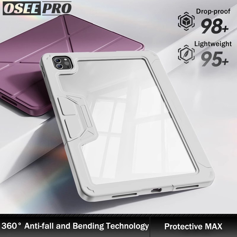 Osee Pro เคส ipad Y-fold anti-fall แท็บเล็ตสําหรับ iPad M2/M3 ไอแพด air 6 air 7（2024/2025）air 4 air 5 ไอแพด gen 7 8 9 ไอเเพด gen 10 11 A16 ipad Pro 13 Pro 4 5 6 12.9 นิ้ว Pro 1 2 3 4 5 11 นิ้ว Air 13 นิ้ว anti-bend อะคริลิค hard shell พร้อมที่ใส่ดินสอขวา