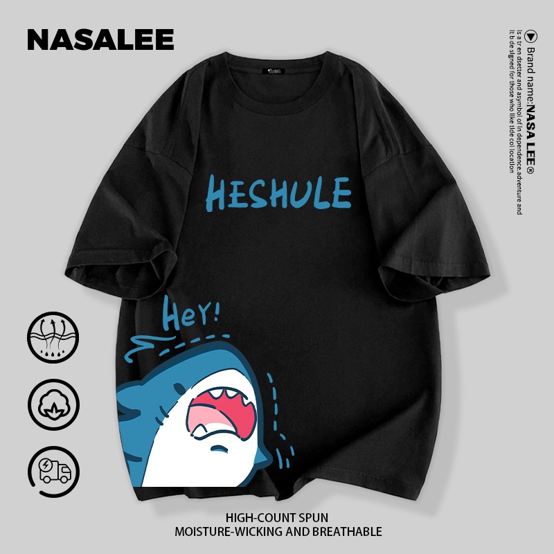 【ส่งเร็ว 48 ชั่วโมง】เสื้อเชิ้ต NASA ผ้าฝ้ายระบายอากาศดี ไซส์หลวม ลายฉลามดุ สไตล์ไทย