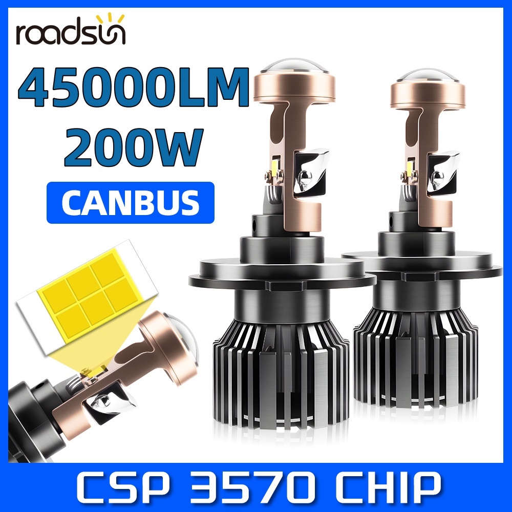 Roadsun 2pcs H4 H7 H11 9005 9006 Super Bright LED ไฟหน้ารถหลอดไฟ 45000LM โปรเจคเตอร์เลนส์ 200W 6000K CSP ชิปพร้อมพัดลม Canbus 12-24V ไม่มีข้อผิดพลาดกันน้ํา