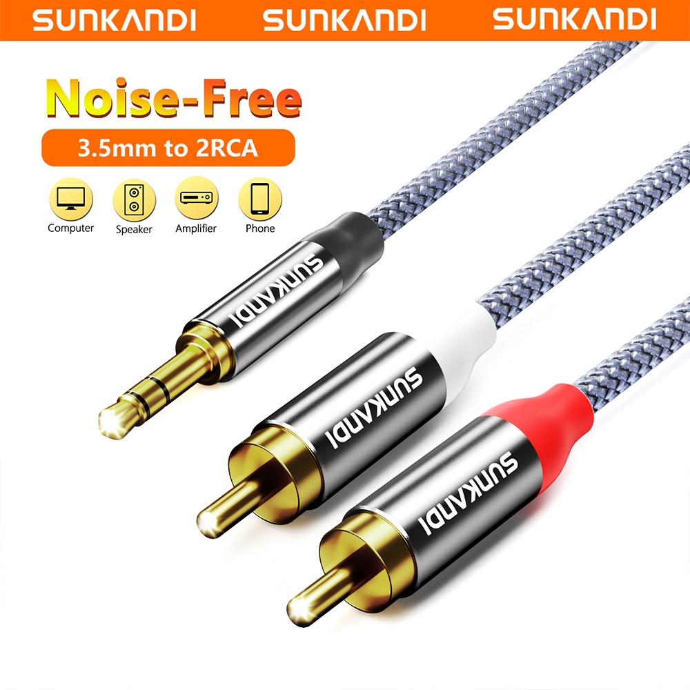 Sunkandi 3.5 มม.ชาย 2RCA สายสัญญาณเสียงแจ็ค AUX Gold-plated สเตอริโอ Y-Splitter สําหรับโฮมเธียเตอร์ลําโพง DVD TV