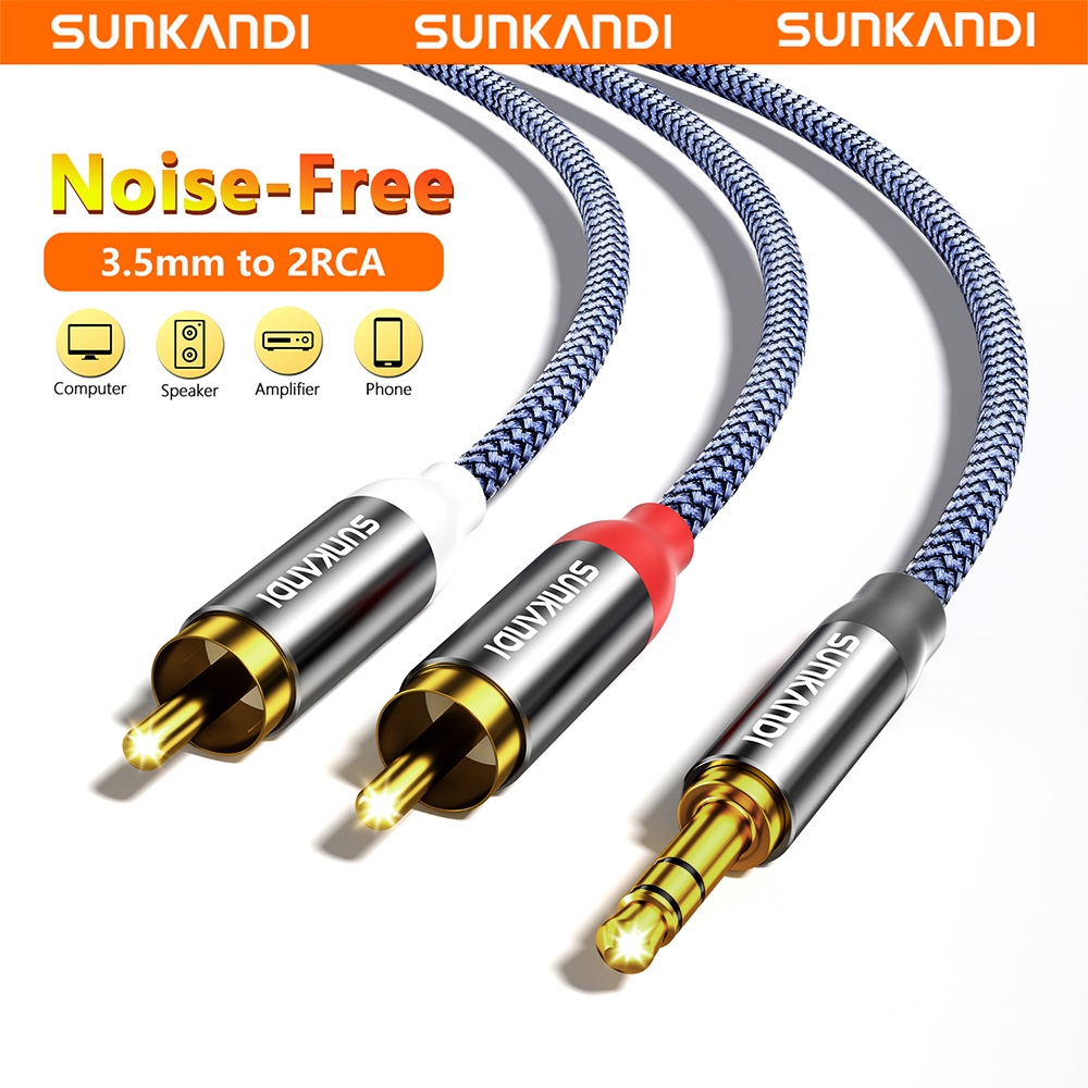 Sunkandi สาย RCA 3.5 มม.แจ็ค 2RCA AUX Gold-plated สเตอริโอ Y-Splitter ชายชายสําหรับโฮมเธียเตอร์ลําโพง DVD TV