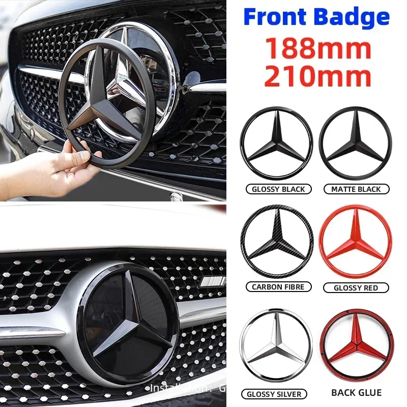 1pcs 188 มม.210 มม.ABS รถด้านหน้า Grille Badge Decal ฝาครอบสัญลักษณ์สําหรับ Mercedes Benz A/B/C/E/S Class GLA CLA GLE GLK CLK CLS GLS GLC